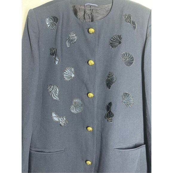 Vintage New Wool Women’s Blazer Navy Blue Embroidered Application Shells Sz M - Picture 2 of 13